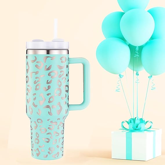 40oz mint Leopard Tumbler with Handle and Straw Lid