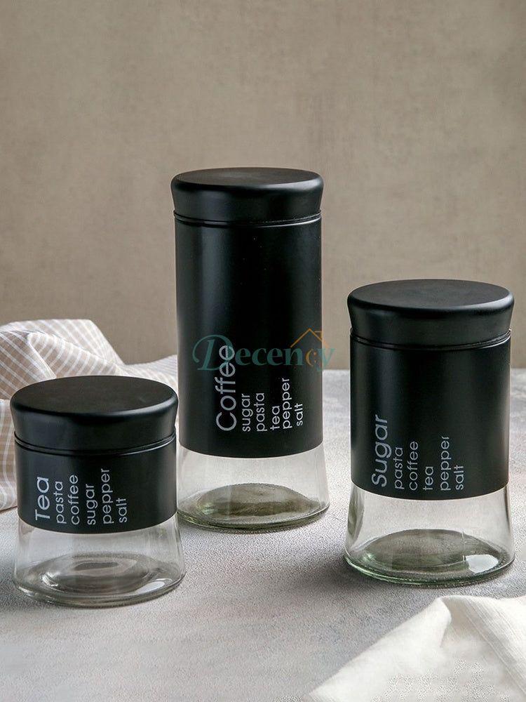 Glass jar set 3pc S+M+L Black/Silver