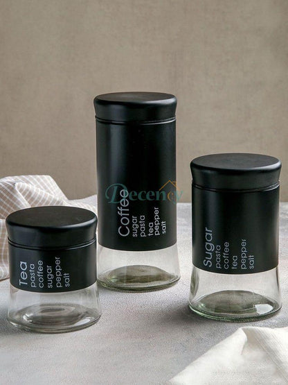 Glass jar set 3pc S+M+L Black/Silver
