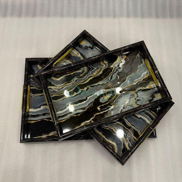 3-Piece Black & Gold Marble-Look Serving Tray Set