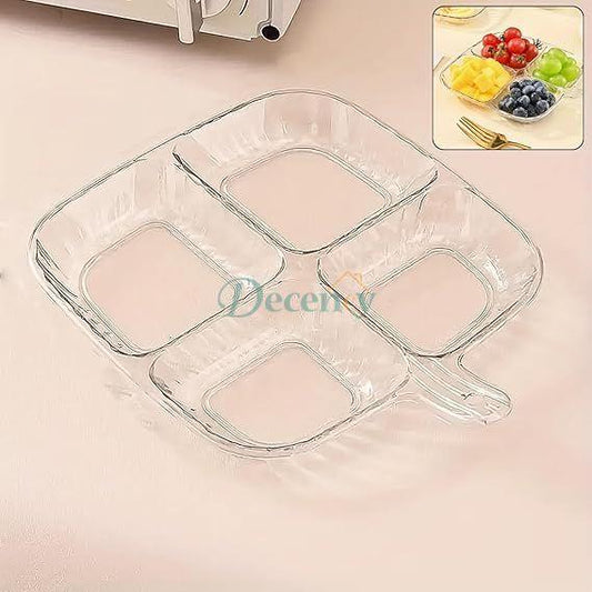 divided snack tray with handle, 4-section serving plate, sauce and fruit dish bowl, appetizer platter tray, multi-compartment plate, party dip tray, plastic divided dish