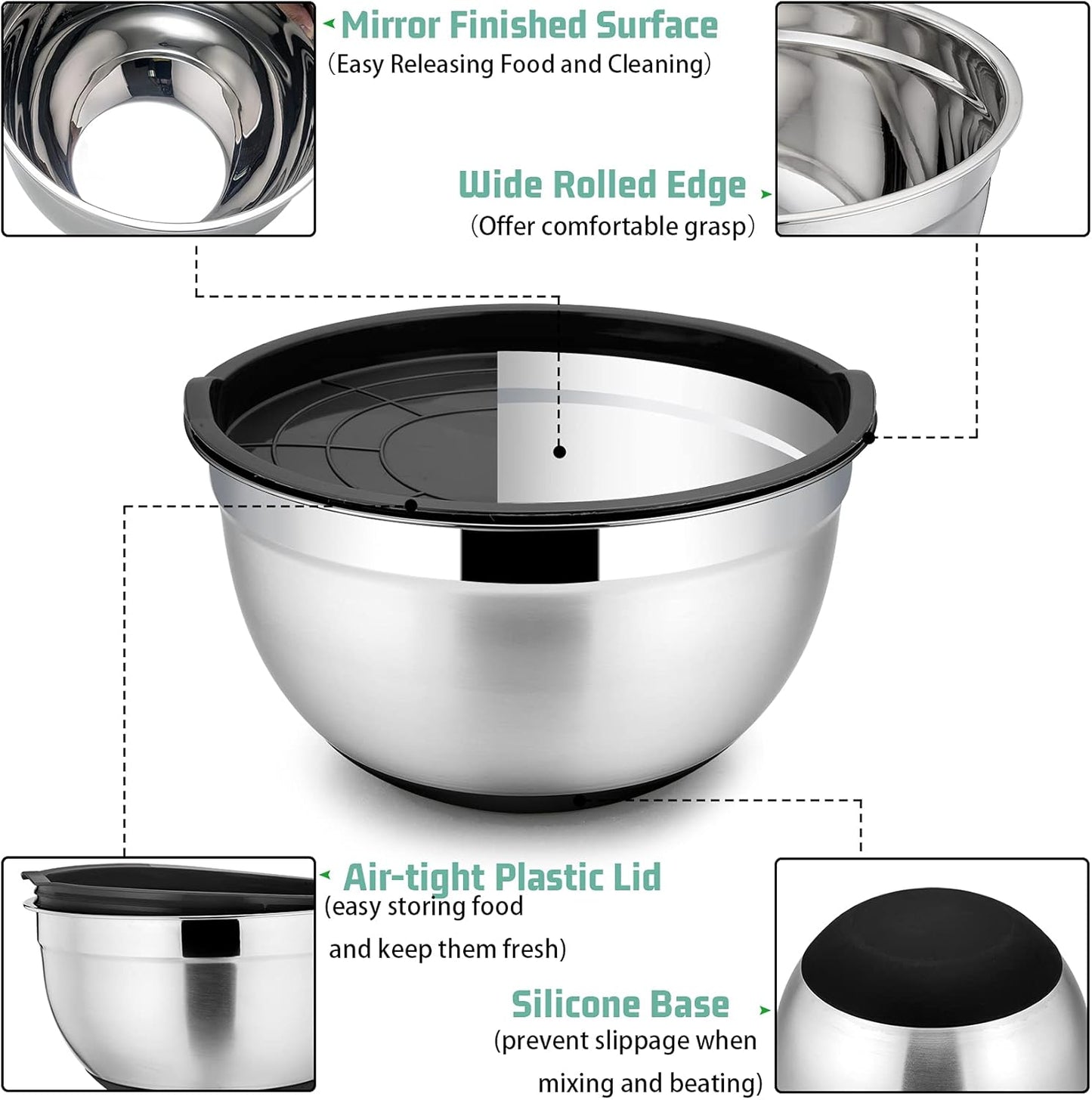 Stainless Steel Salad Bowls Set of 5 with Airtight Lid
