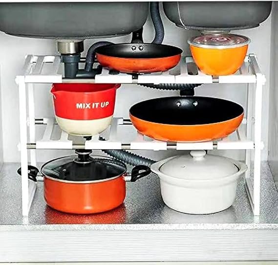 Under Sink 2 Tiers Expandable Kitchen Storage Multi-Functional Rack
