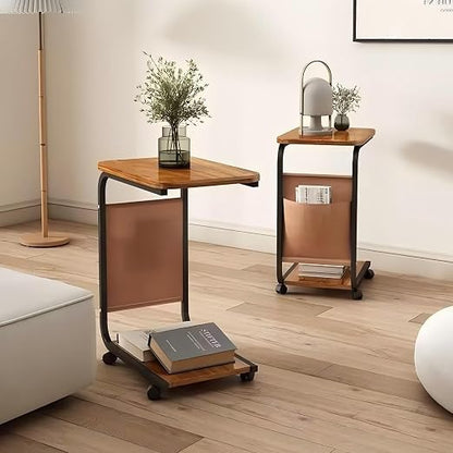 C-Shaped End Table with Wheels, Movable Side Table with Storage Pocket