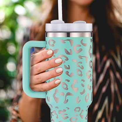 40oz mint Leopard Tumbler with Handle and Straw Lid