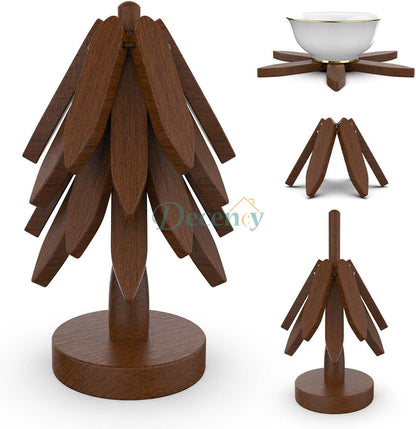 Premium Wooden Foldable Coaster Set & Hot Pot Table Trivet with Storage Stand