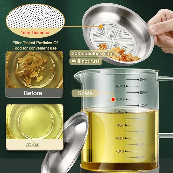Oil Strainer Pot with Fine Mesh Strainer for Frying Oil Storage 1.2L