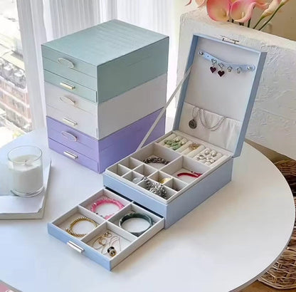 2-Tier Velvet Jewelry Box Organizer with Drawer & Ring Slots