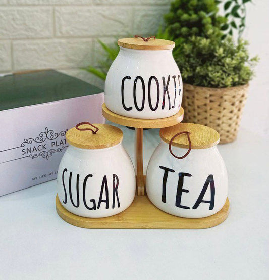 3 Pieces on Stand Elegant Bamboo Wooden Set