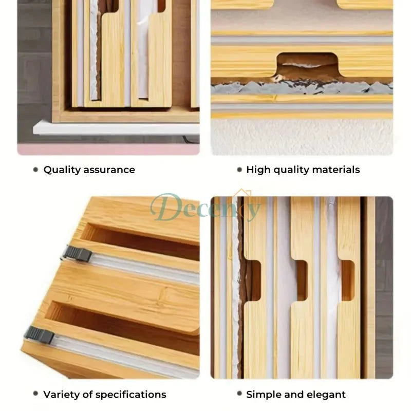 Eco-Friendly Bamboo Wrap Dispenser – 3-in-1 Kitchen Organizer with Slide Cutter