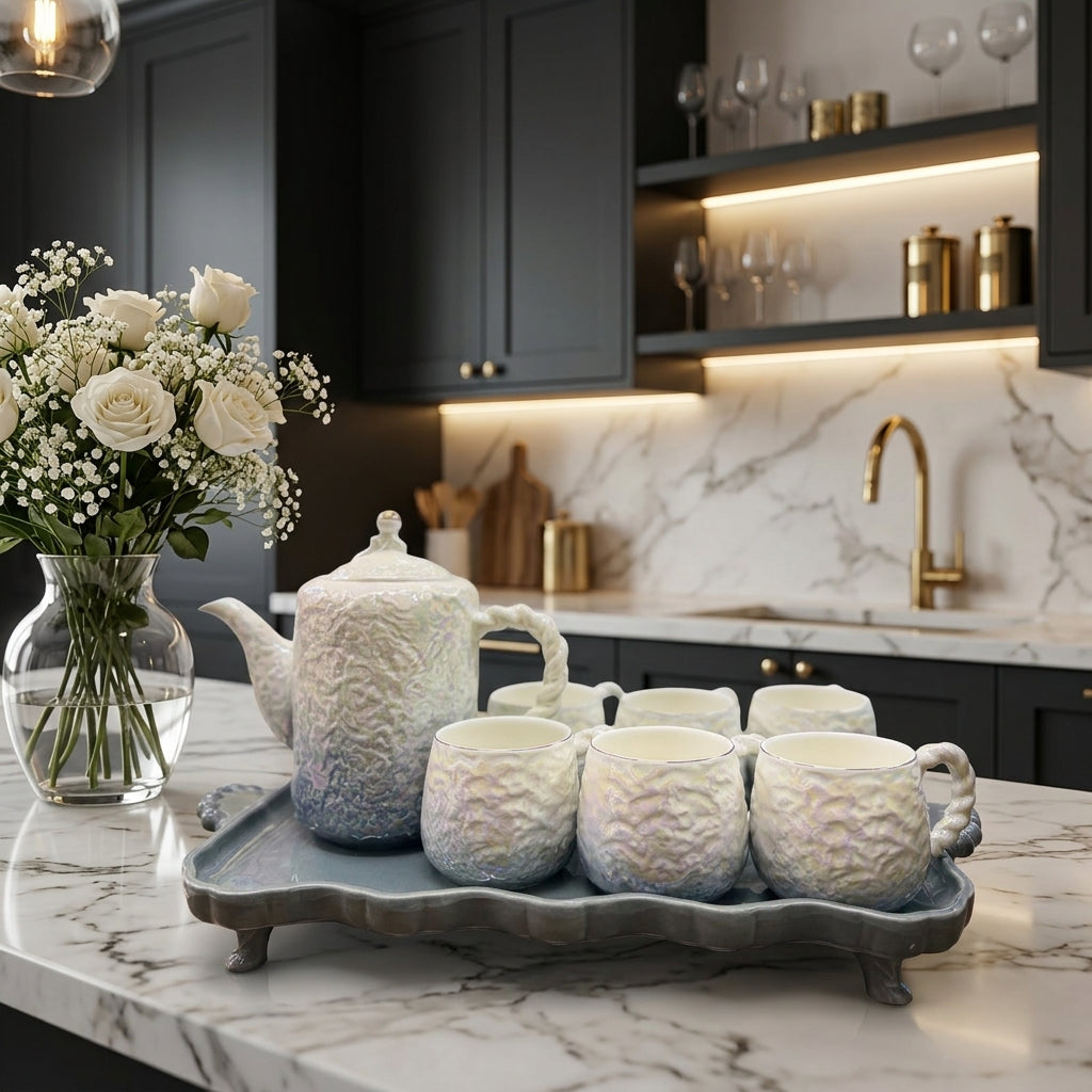8-piece luxury off-white ceramic tea set with teapot, 6 cups, and a footed serving tray on a marble countertop