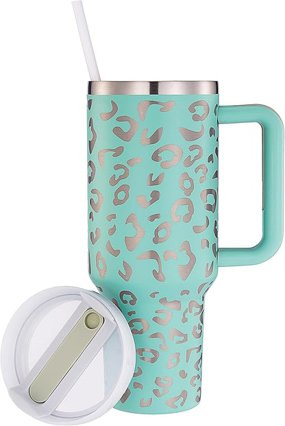 40oz mint Leopard Tumbler with Handle and Straw Lid