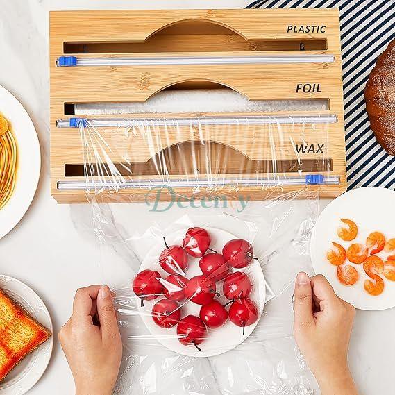 Bamboo Wrap Dispenser – 3-in-1 Foil, Cling Film & Parchment Paper Organizer with Cutter