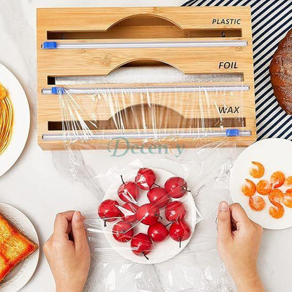 Bamboo Wrap Dispenser – 3-in-1 Foil, Cling Film & Parchment Paper Organizer with Cutter