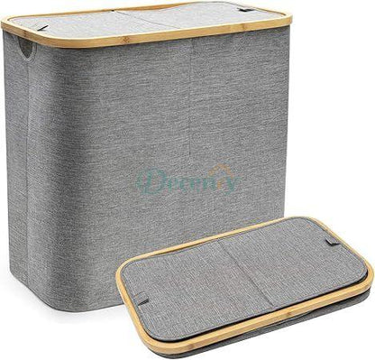 Double Laundry Basket with Dual Built in Handles and Bamboo Frame