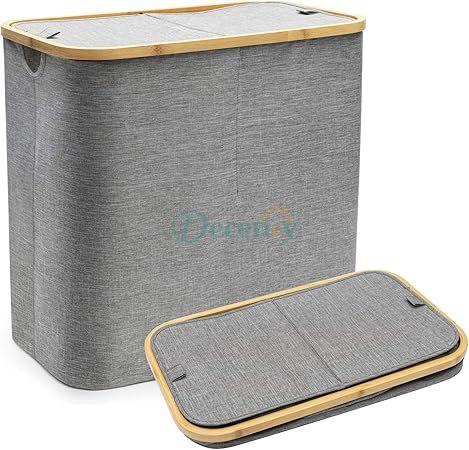Double Laundry Basket with Dual Built in Handles and Bamboo Frame