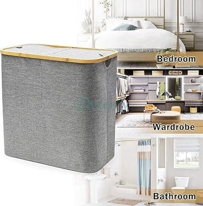Double Laundry Basket with Dual Built in Handles and Bamboo Frame