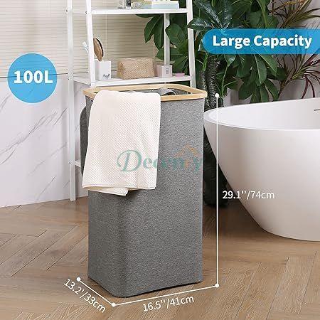 Large Laundry Basket with Lid  with Bamboo Handles