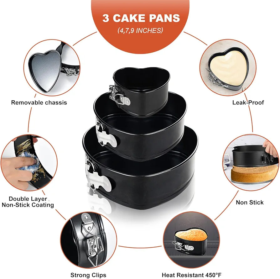 3 Piece Heart Shape Springform Cake Pan Set - Non-Stick Baking Mold