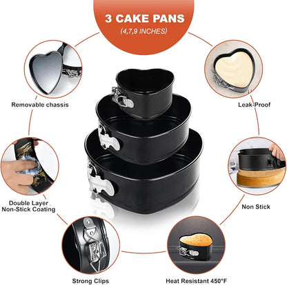 3 Piece Heart Shape Springform Cake Pan Set - Non-Stick Baking Mold