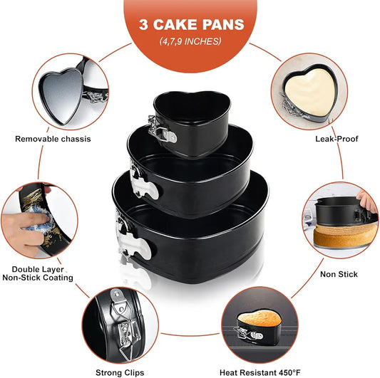 3 Piece Heart Shape Springform Cake Pan Set - Non-Stick Baking Mold