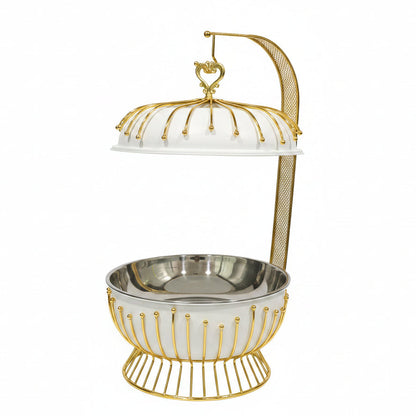 8L white and gold hanging cage chafing dish set up on a marble kitchen island counter.