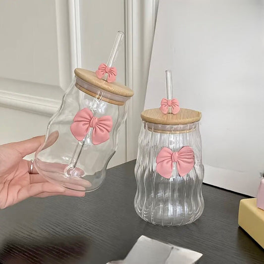 Bow Coffee Glass with Straw and Lid