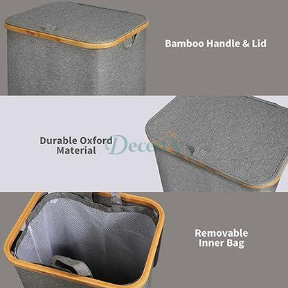 Large Laundry Basket with Lid  with Bamboo Handles