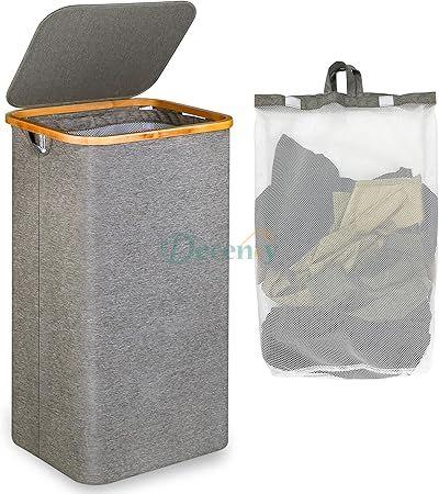 Large Laundry Basket with Lid  with Bamboo Handles