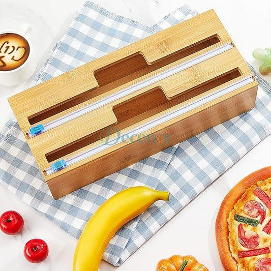 Bamboo Wrap Dispenser – Modern Kitchen Organizer Eco-Friendly Foil, Parchment & Plastic Wrap Holder with Cutter