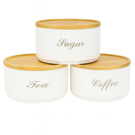 Luxury 3-Piece Round Tin Canister Set – Tea, Sugar & Coffee Storage