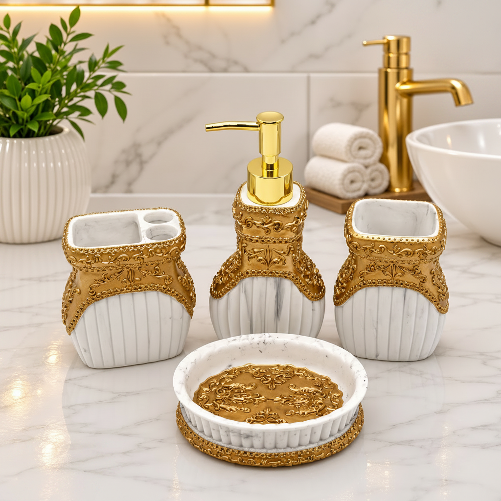 Royal Ceramic White Marble & Gold 4-Piece Bath Set