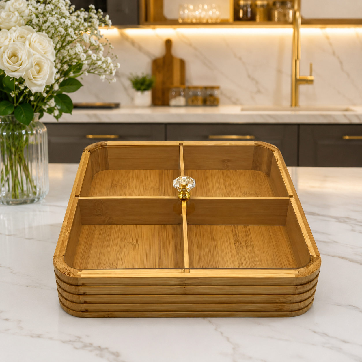 Premium Bamboo 4-Compartment Dry Fruit Tray with Lid