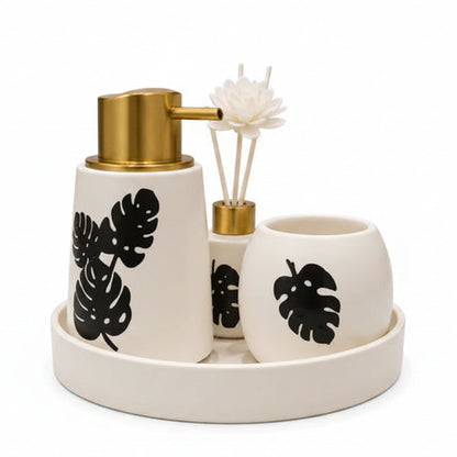 White Monstera Collection – 3-Piece Ceramic Bathroom Accessory Set