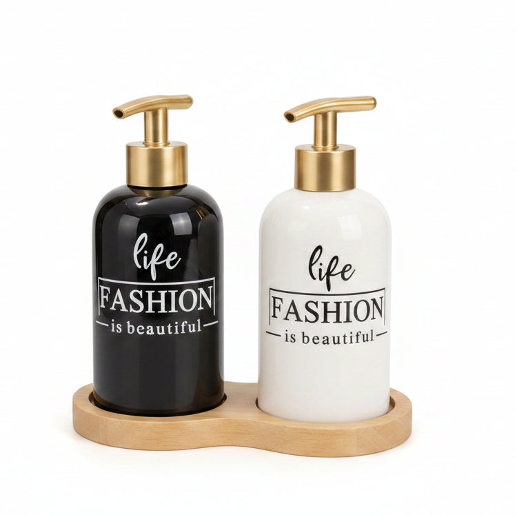 2-Piece Ceramic Soap Dispenser with Wooden Tray - Fashion