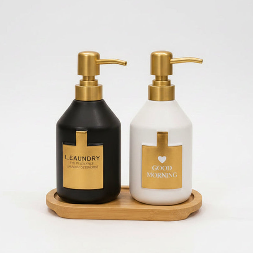 Elegant Ceramic Duo Soap Pump Bamboo Holder - Luxe Gold