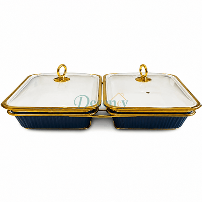 Premium Double Rectangular Blue Serving Dish Set – 12 Inch Ceramic