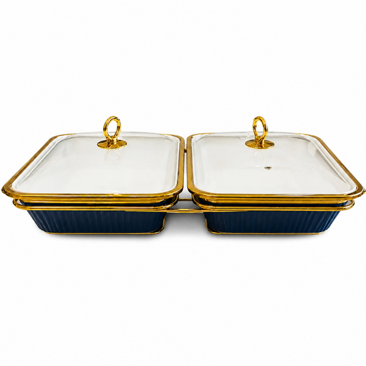 Premium Double Rectangular Blue Serving Dish Set – 12 Inch Ceramic
