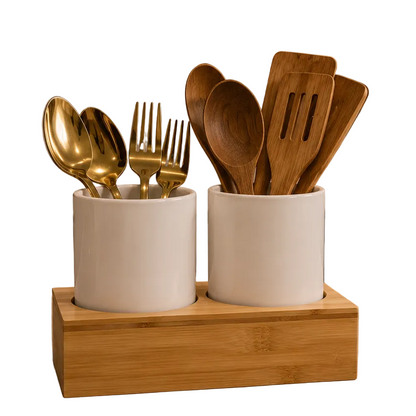 EcoBamboo Dual Ceramic Utensil Holder Set – Large Kitchen Spoon