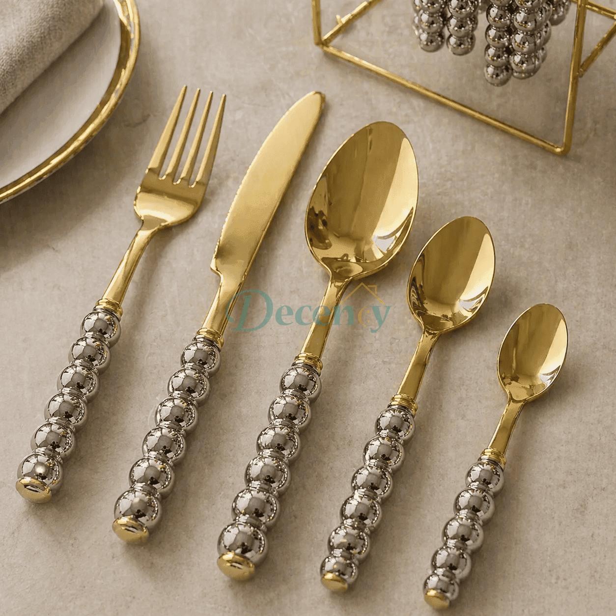 Luxury Gold Beaded Cutlery Set — 24-Piece with Stand