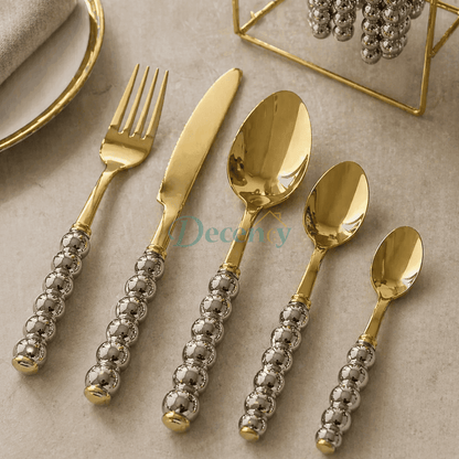 Luxury Gold Beaded Cutlery Set — 24-Piece with Stand