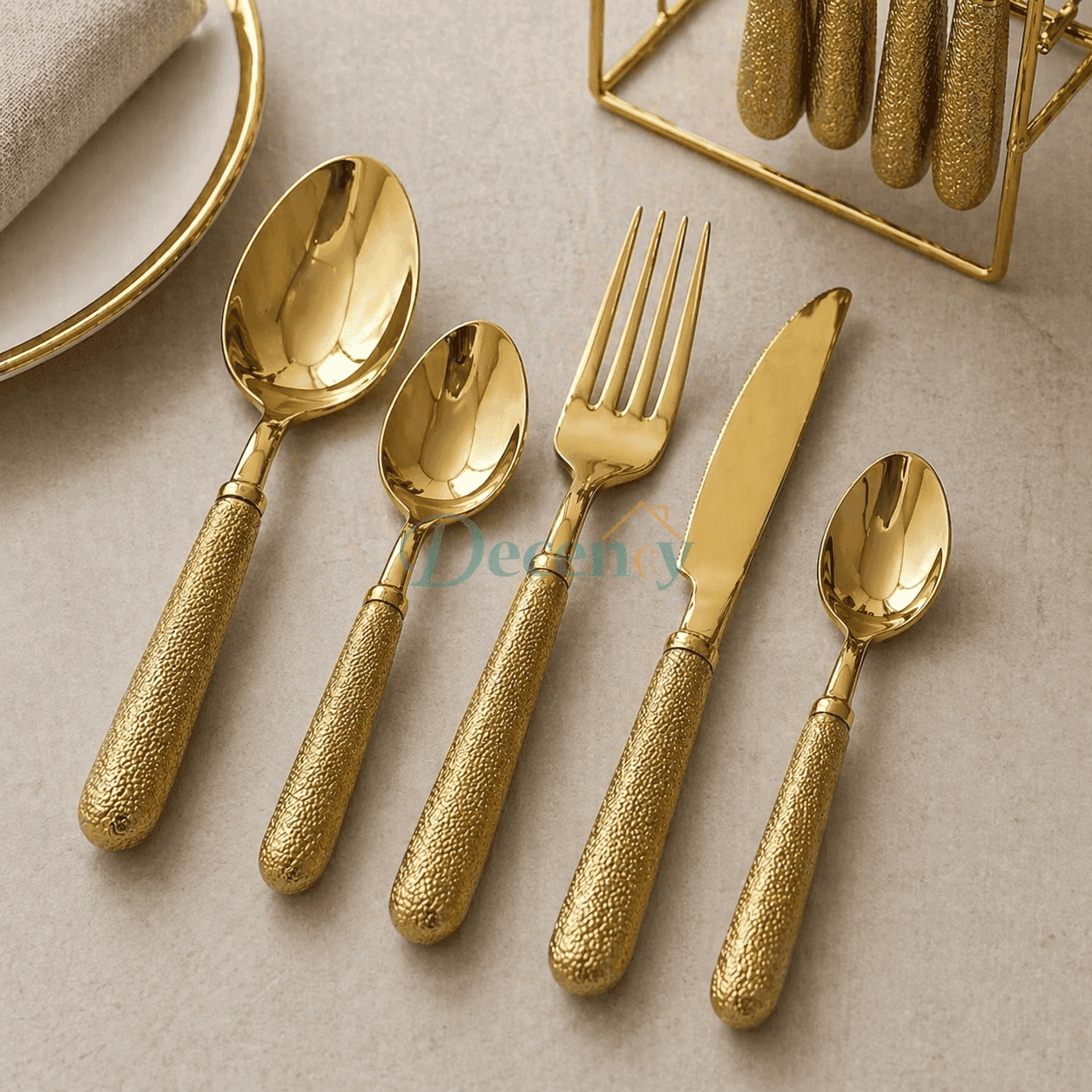 Luxury Gold Beaded Cutlery Set — 24-Piece with Stand