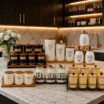 Premium Ceramic Kitchen Canister & Spice Jar Set with Wooden Stand