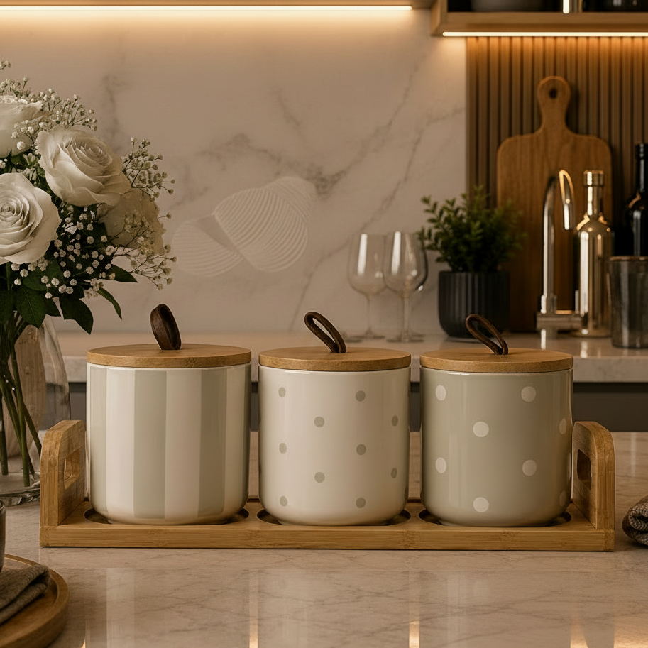 Luxury Patterned Ceramic Kitchen Jar Set with Bamboo Lids