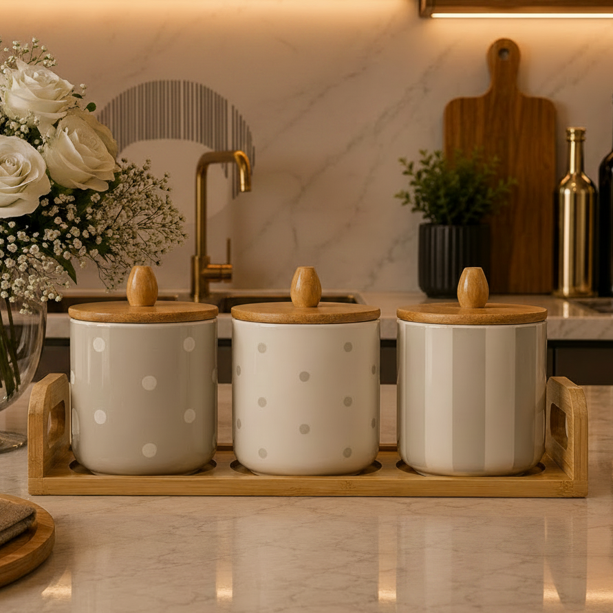 Luxury Patterned Ceramic Kitchen Jar Set with Bamboo Lids