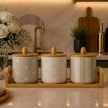Luxury Patterned Ceramic Kitchen Jar Set with Bamboo Lids