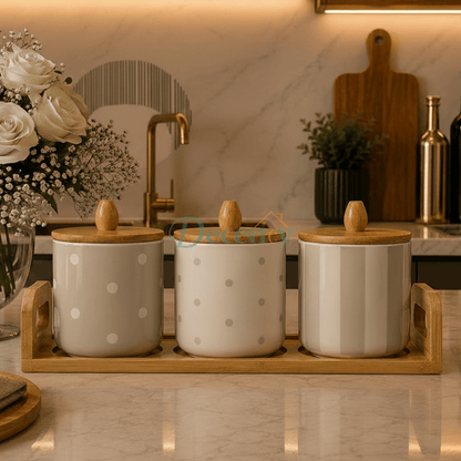 3-Piece Ceramic Spice Jar Set with Wooden Tray