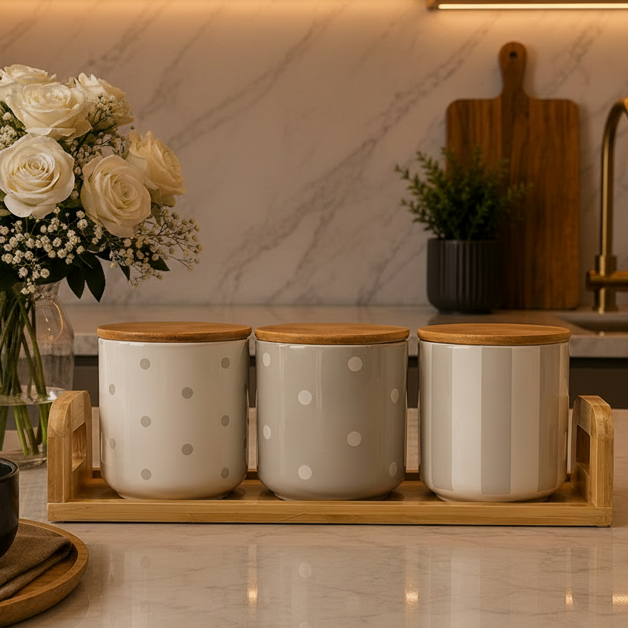 Luxury Patterned Ceramic Kitchen Jar Set with Bamboo Lids