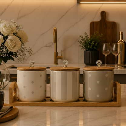 Luxury Patterned Ceramic Kitchen Jar Set with Bamboo Lids