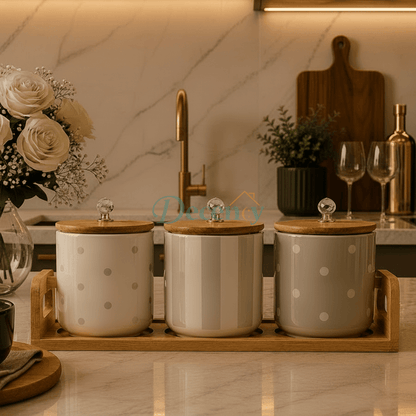 3-Piece Ceramic Spice Jar Set with Wooden Tray